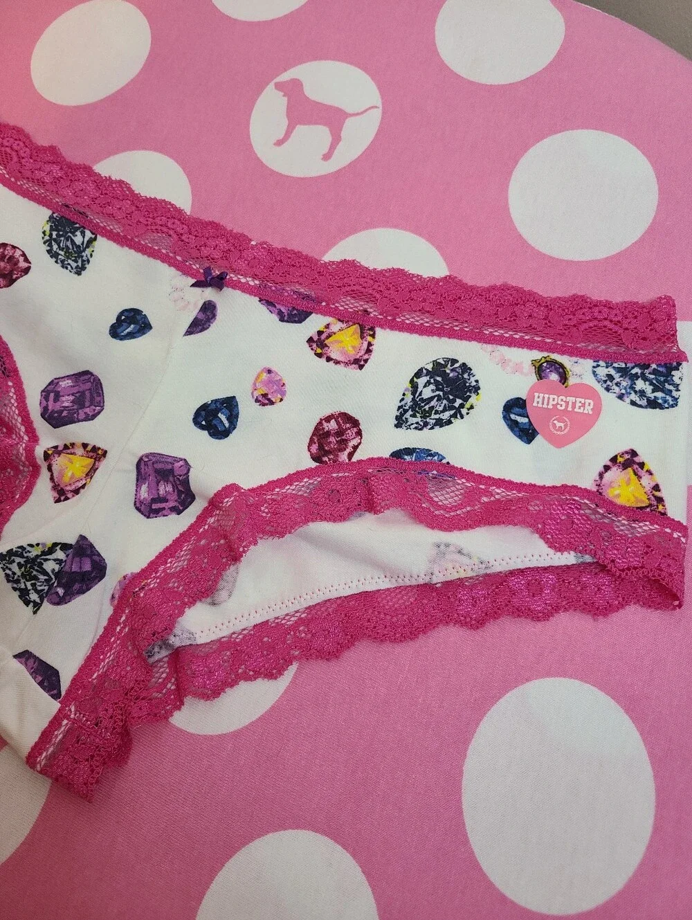 VTG VS PINK Graphic Cotton Lace Trim Low Rise Hipster Panty Size Sm